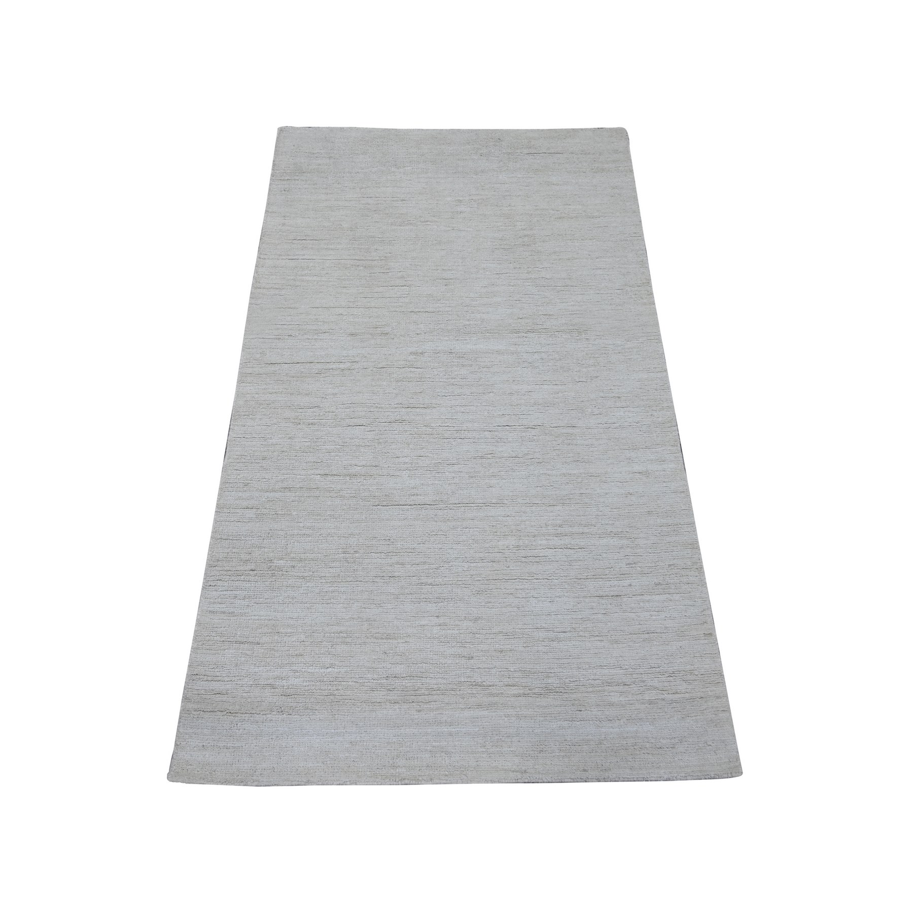 2'10"x4'10" Daisy White, Plain Solid Pattern, Hand Knotted, Hand Spun Ghazni Wool, Lush and Plush, Oriental Rug 